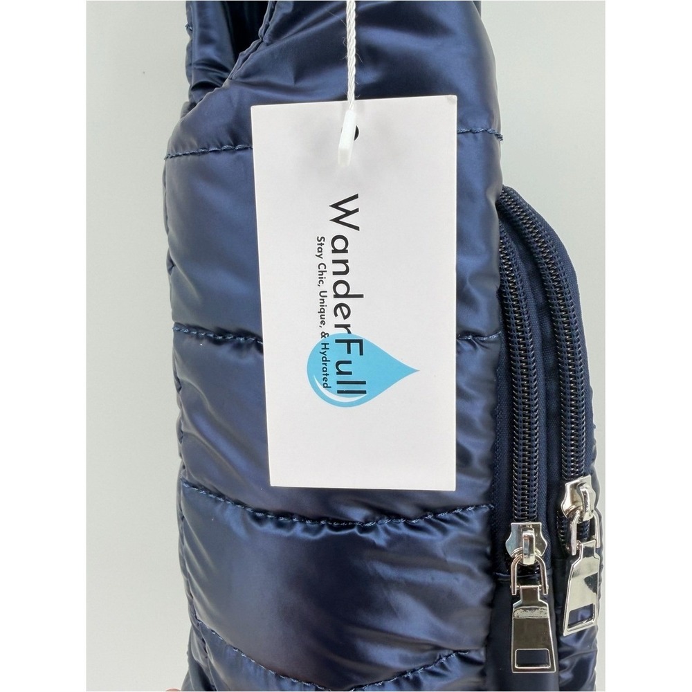 WanderFull Navy Blue Quilted Puffer Water Bottle Bag Glitter Strap NWT